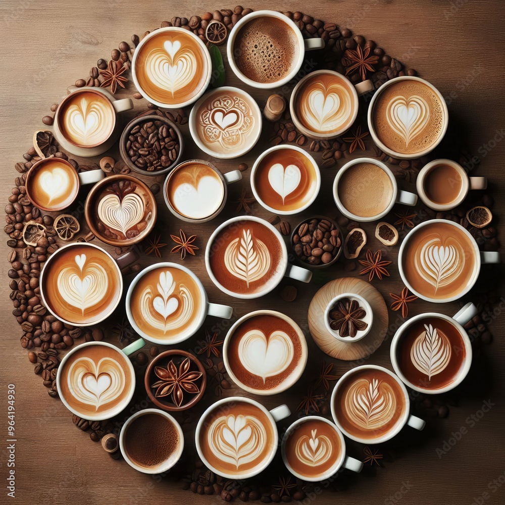 An overhead view of multiple coffee cups arranged in a circle, each featuring intricate latte art designs. The assortment includes various heart and leaf patterns, creating a visually appealing and An overhead view of multiple coffee cups arranged in a circle, each featuring intricate latte art designs. The assortment includes various heart and leaf patterns, creating a visually appealing and
