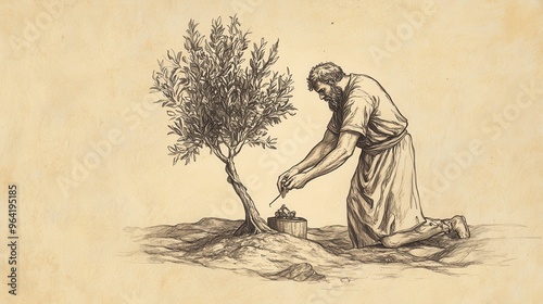 Biblical Illustration: Man Planting a Tree and Later Using Half for Firewood, Half for an Idol, Symbolizing the Absurdity of Idol-Making photo