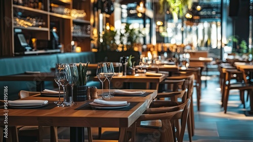 A beautifully designed restaurant interior showcasing a modern and elegant dining area. The space features contemporary furniture including wooden chairs and tables set with glassware plates