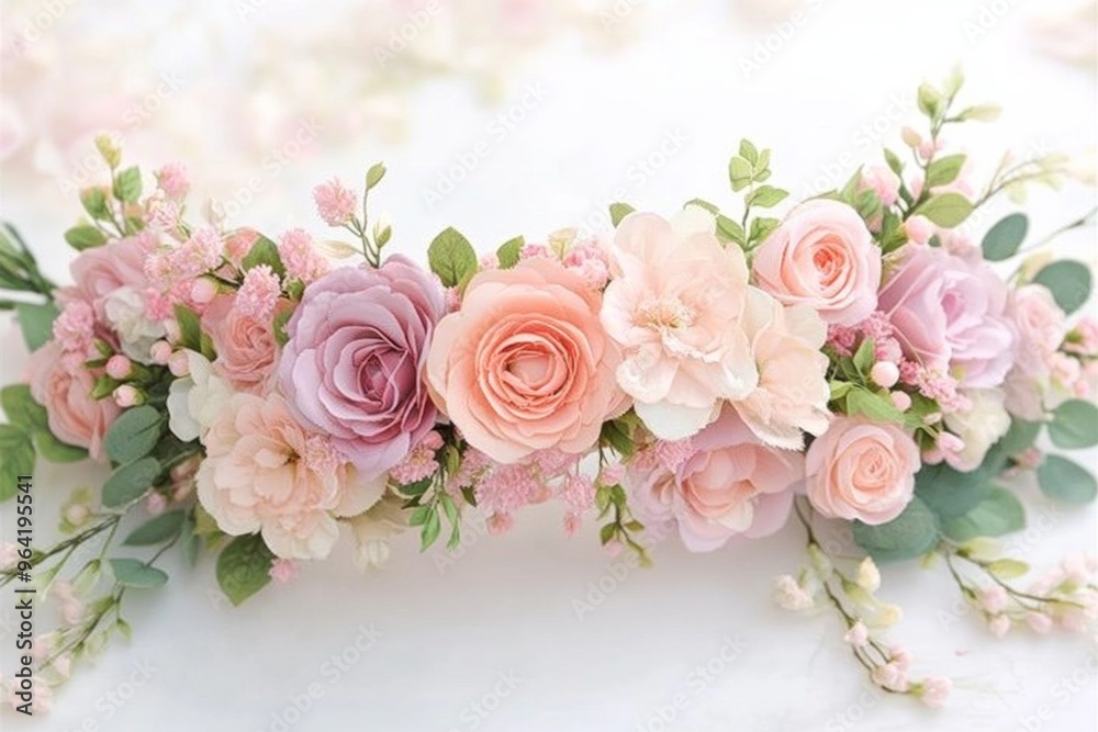 Obraz premium A delicate floral headpiece adorned with soft pastel flowers, including roses and greenery