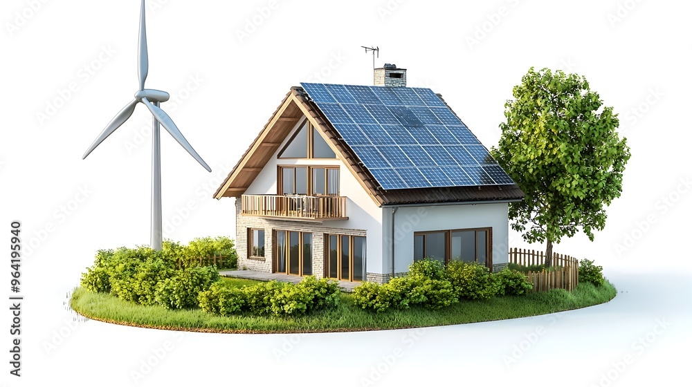 Sustainable Eco-Friendly House with Solar Panels and Wind Turbine Sustainable Eco-Friendly House with Solar Panels and Wind Turbine