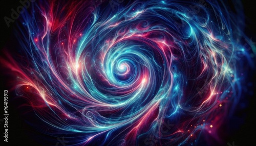 Luminous energy spirals, iridescent blue and crimson twists, ethereal swirls in the cosmic darkness, glowing trails of light in a vortex, abstract neon shards painting the void