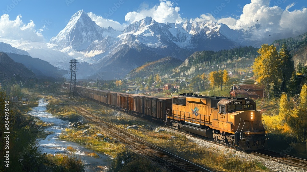 A train is running through a beautiful mountain view 