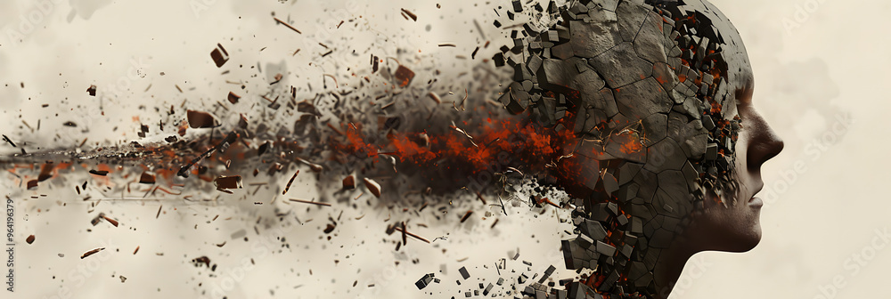 Fototapeta premium A virtual reality designer with pixelated fragments shattering from their skull and Symbolizing the concept of digital burnout and mental health in immersive technologies. 