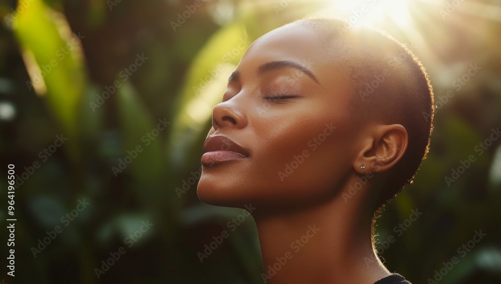 portrait of attractive black woman with alopecia her eyes closed on sun rays background portrait of attractive black woman with alopecia her eyes closed on sun rays background