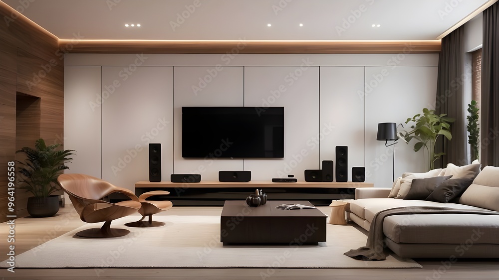 The modern living room has a home theater equipped with speakers and a TV.The modern living room has a home theater equipped with speakers and a TV. The modern living room has a home theater equipped with speakers and a TV.The modern living room has a home theater equipped with speakers and a TV.