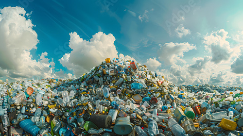 A wide-angle shot of a colossal mound of discarded plastics and with a rainbow of containers and bags stretching to touch the sky. 