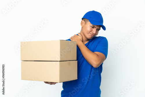 Delivery Ecuadorian man isolated on white background suffering from pain in shoulder for having made an effort