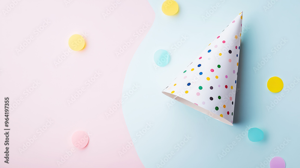 Birthday party hat on pastel pink background with confetti, copy space. Cute invitation mockup. Generative AI Birthday party hat on pastel pink background with confetti, copy space. Cute invitation mockup. Generative AI