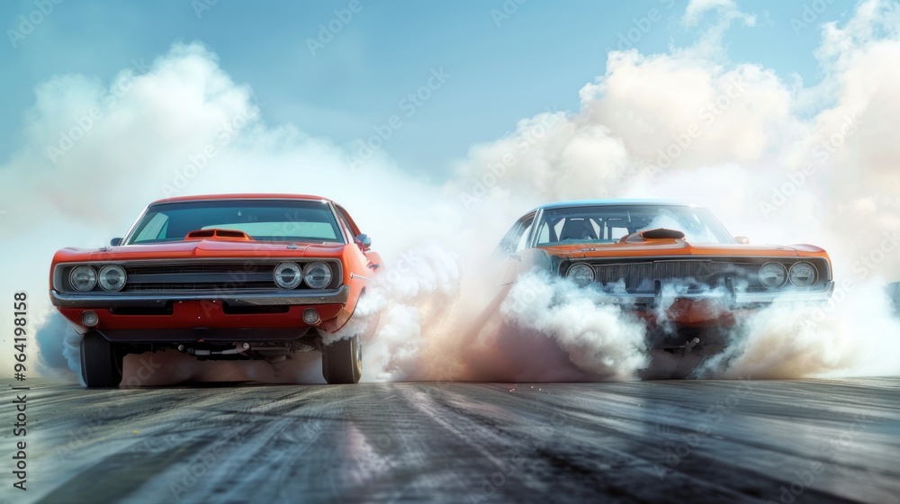 Two vintage muscle cars compete on the drag strip.