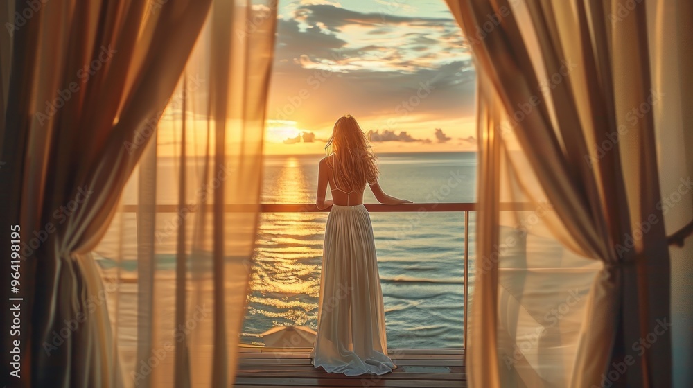 Young woman in white dress standing on a balcony overlooking the ocean at sunset. Young woman in white dress standing on a balcony overlooking the ocean at sunset.
