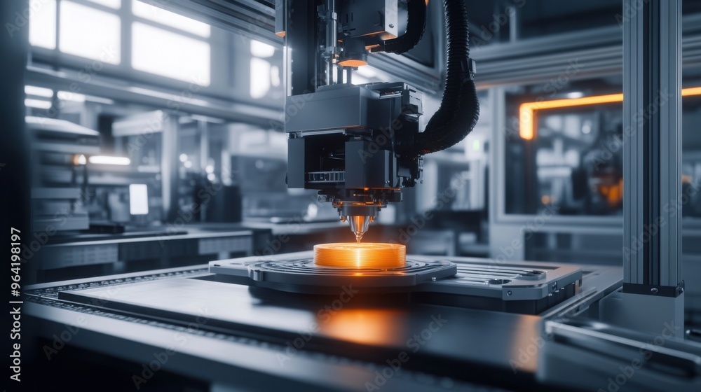 an industrial 3D printer in action, creating a component in a clean, minimalist workshop. The scene captures the precision and innovation of additive manufacturing an industrial 3D printer in action, creating a component in a clean, minimalist workshop. The scene captures the precision and innovation of additive manufacturing