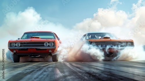 Obraz na płótnie Two vintage muscle cars compete on the drag strip. w salonie