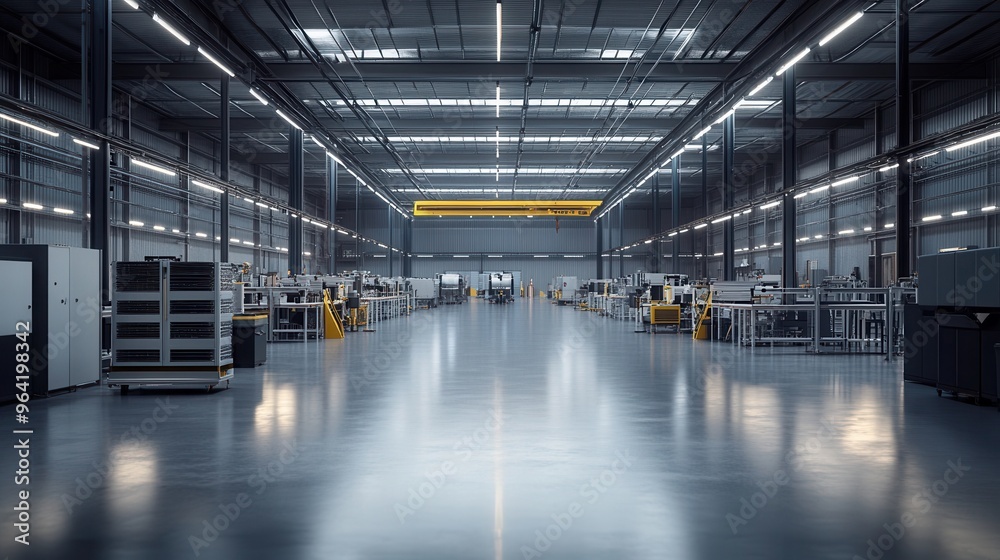 a modern, minimalist production floor with clean lines and organized workstations a modern, minimalist production floor with clean lines and organized workstations