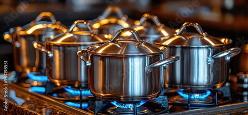 Stainless Steel Pots on a Gas Stove with Blue Flames