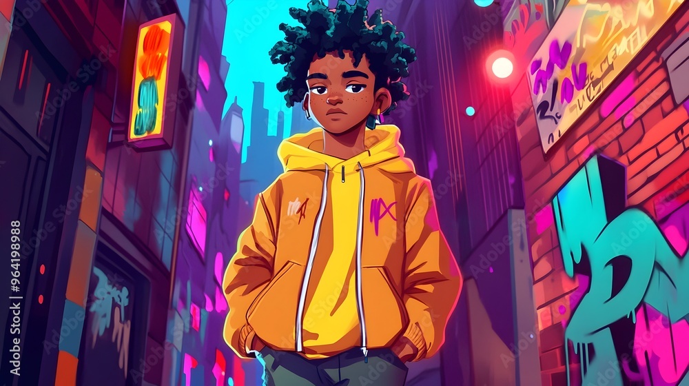 Obraz premium Young Man Walking Through Vibrant Neon-Lit Urban Street at Night
