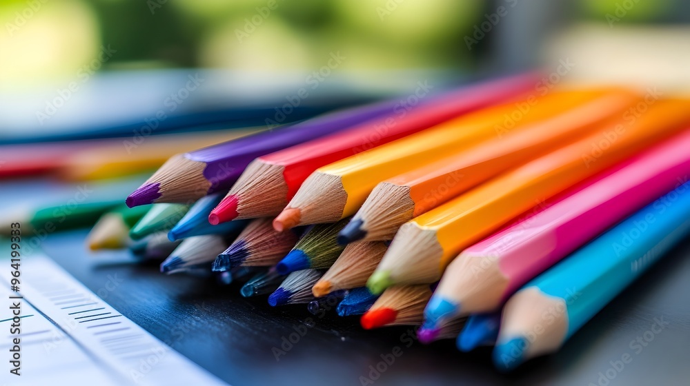 Vibrant Colored Pencils Arranged in Symmetrical Pattern on Desk