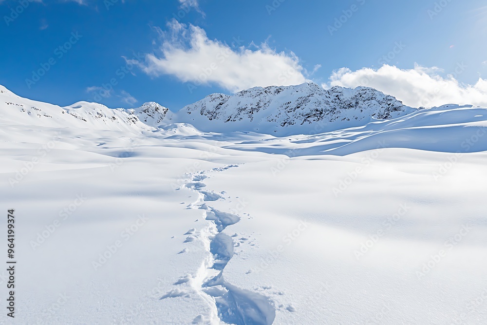 Trail through Snowy Landscape Under Clear Blue Sky Trail through Snowy Landscape Under Clear Blue Sky