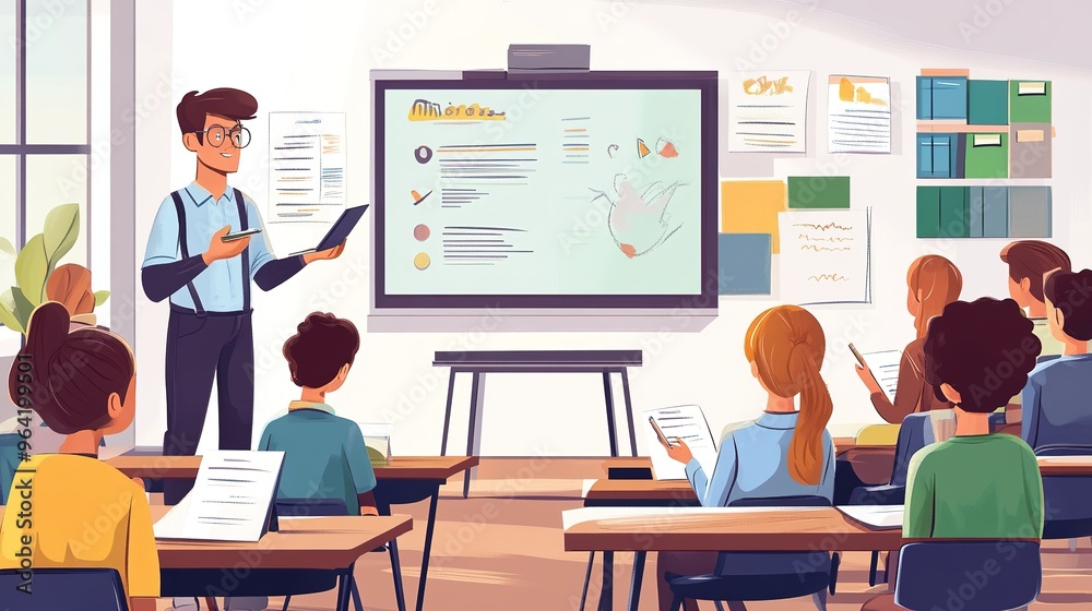 A teacher giving a presentation to a classroom using multimedia tools, with students taking notes A teacher giving a presentation to a classroom using multimedia tools, with students taking notes