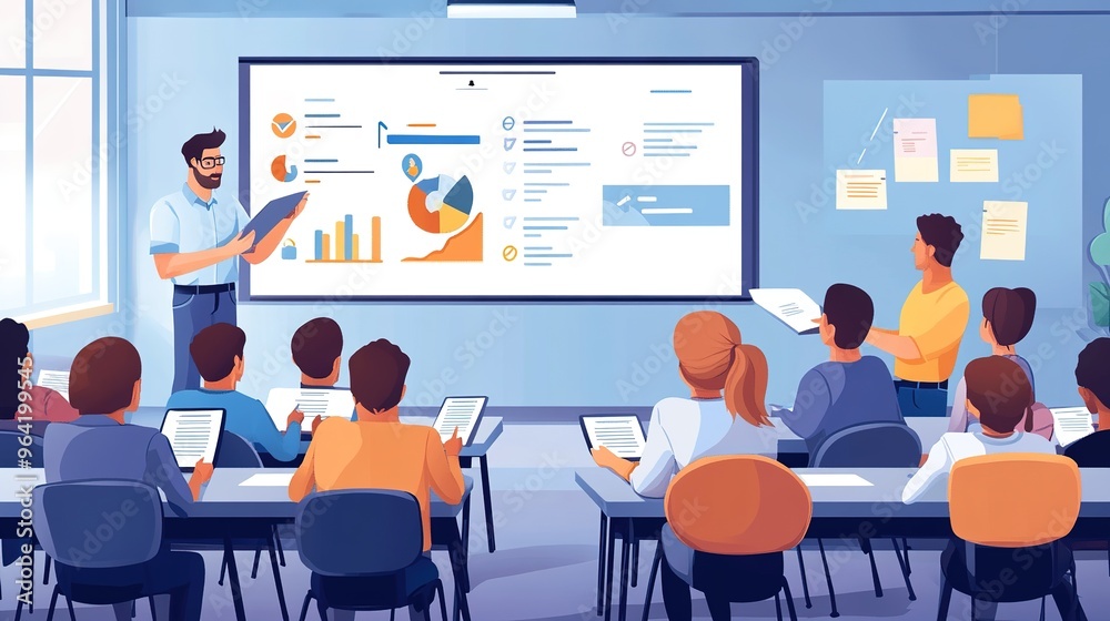 A teacher giving a presentation to a classroom using multimedia tools, with students taking notes A teacher giving a presentation to a classroom using multimedia tools, with students taking notes