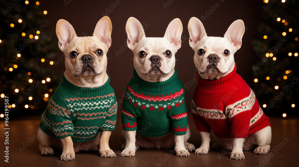 Three cute cream French bulldogs wearing Christmas sweaters, sitting on the floor against a dark brown background with lights. Three cute cream French bulldogs wearing Christmas sweaters, sitting on the floor against a dark brown background with lights.