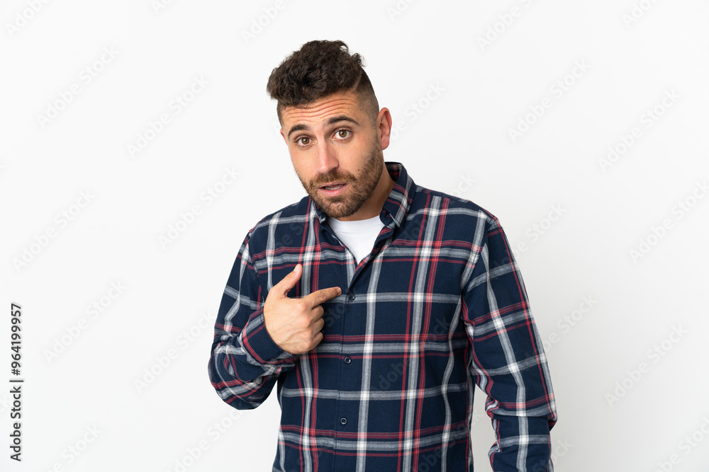 Caucasian man isolated on white background pointing to oneself Caucasian man isolated on white background pointing to oneself