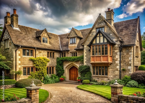 "Earthy-toned stone walls, steeply pitched roofs, and intricately carved wooden doorways define the charm of a Tudor style house, reminiscent of English countryside manors."