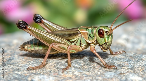 A close-up of a green grasshopper perched on a rock.