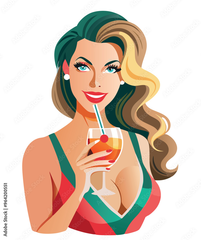 Attractive woman drinking cocktail with straw and smiling Attractive woman drinking cocktail with straw and smiling