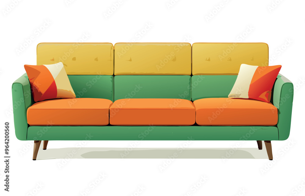 Obraz premium Modern green sofa with colorful pillows standing on white background