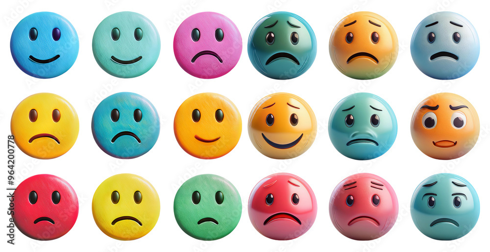 Variety of smiley faces with different expressions and colors isolated on transparent background Variety of smiley faces with different expressions and colors isolated on transparent background