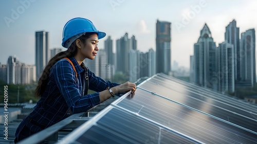 Wallpaper Mural Female Engineer Optimizing Solar Panel Angles on Rooftop with City Skyline Torontodigital.ca