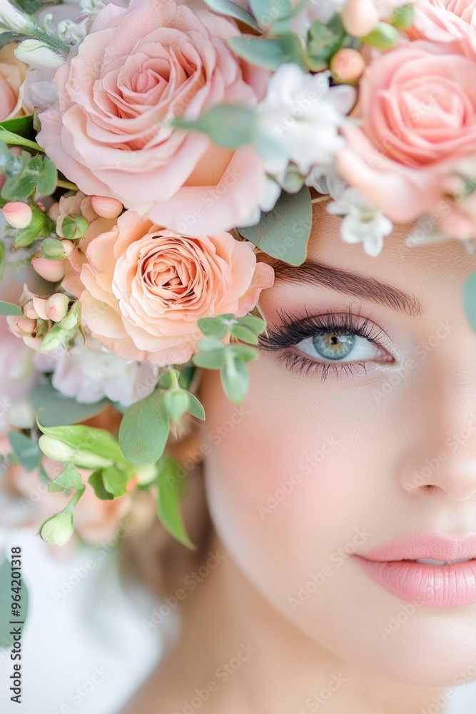 A stunning close-up of a womans face adorned with a pastel floral headpiece A stunning close-up of a womans face adorned with a pastel floral headpiece