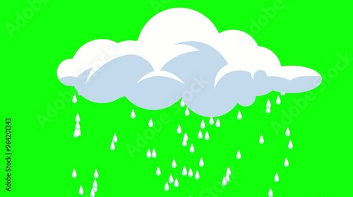 Green screen video frame with a cartoon-style white cloud in the center, animated raindrops falling from it. Bright green background. Suitable for weather, animation, or video promotion.