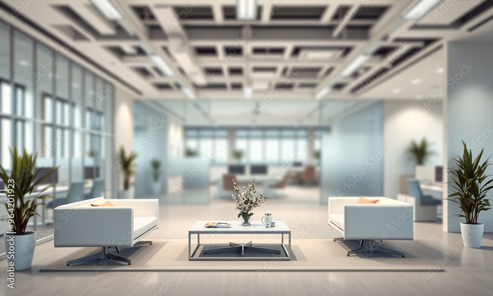 A bright open-plan office space with white walls elegant desks and soft seating areas A bright open-plan office space with white walls elegant desks and soft seating areas