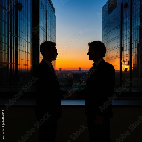 Wallpaper Mural Corporate business leaders, silhouettes shaking hands, handshake deal, blurred people background, professional cityscape, glass high-rise buildings, blazing orange sunset, evening sky Torontodigital.ca