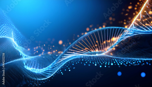 Wave-like flow of particles forming DNA, dna helix, mutation, genetic, shape, code, research, manipulation, deoxyribonucleic acid, evolution, microscope, genetic, wave, flow, technology, science,