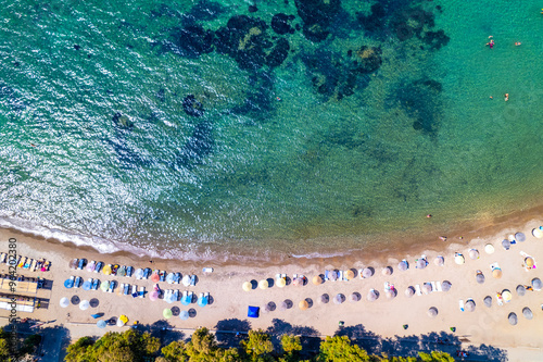 Fototapeta Naklejka Na Ścianę i Meble -  Aerial view of Turgutreis, Bodrum. Mugla, Turkey. Panoramic view of Turgutreis beach. Drone shot.