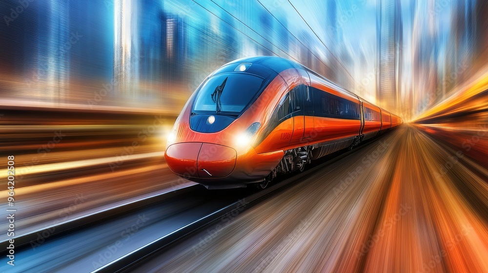 Speeding train passing through urban landscape Speeding train passing through urban landscape