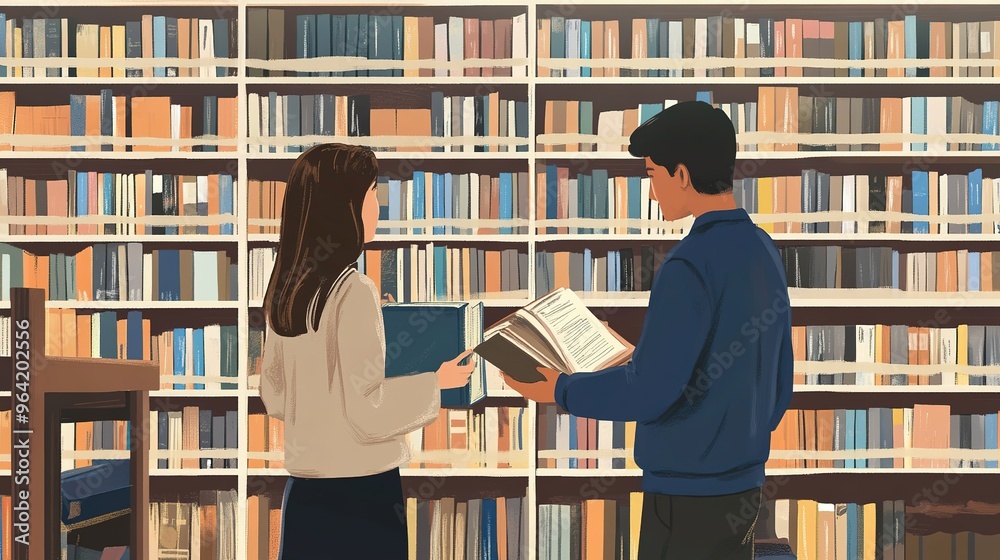 A teacher recommending a book to a student in a school library, with rows of bookshelves in the background A teacher recommending a book to a student in a school library, with rows of bookshelves in the background