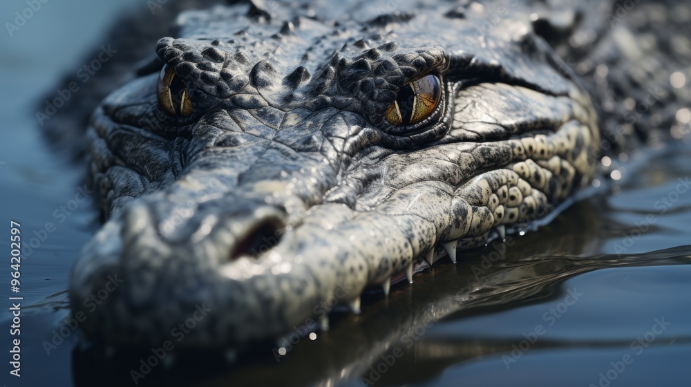 Alligator face details in outdoors scene. Neural network ai generated art
