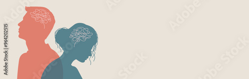 Metaphor mental health disorder. Male and female silhouette. Split personality. Concept of anxiety, mood disorder, psychology. Dual personality. Tangled thoughts. Emotional struggles.