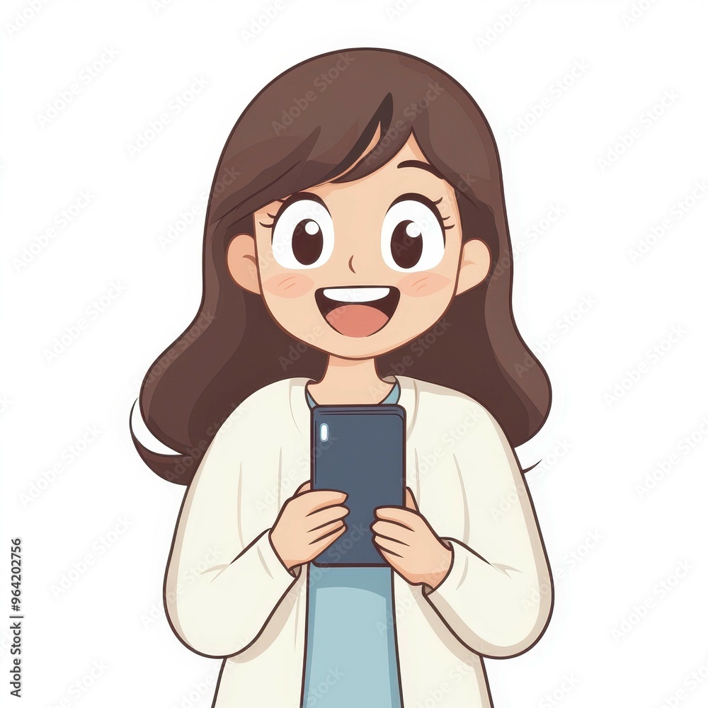 A joyful woman gazes at her smartphone, surprise lighting up her face in this vibrant cartoon illustration. A joyful woman gazes at her smartphone, surprise lighting up her face in this vibrant cartoon illustration.