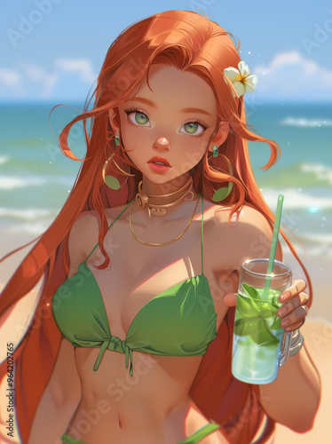 A girl enjoys a refreshing drink on the beach, captured in stunning photorealistic animecore style. Sun shines on vibrant sand. photo