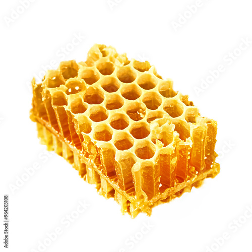 Close-up of natural honeycomb on white background.