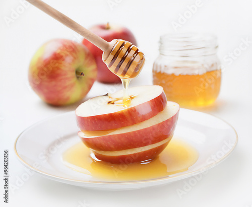 Honey is drizzled onto a stack of apple slices on a plate