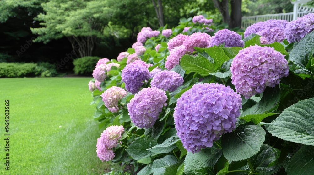 summer private garden with blooming Hydrangea Annabelle summer private garden with blooming Hydrangea Annabelle