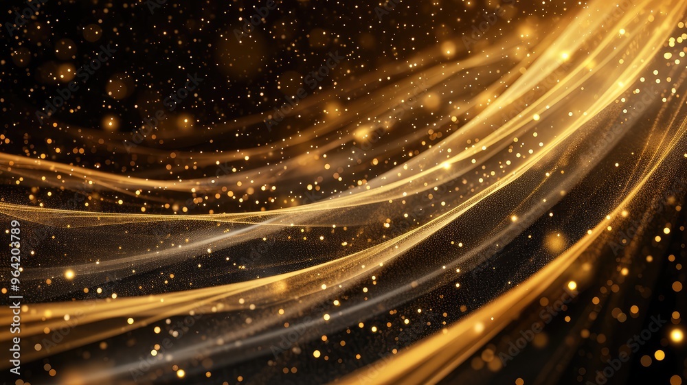 Obraz premium A mesmerizing abstract design featuring flowing golden waves and sparkling particles, creating a sense of elegance and movement.