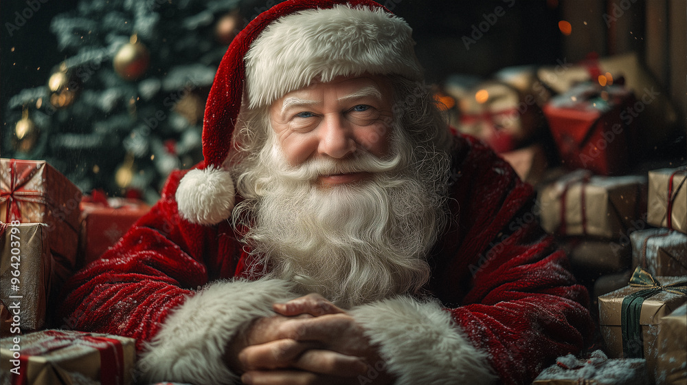 With his charming smile and the gifts surrounding him, Santa Claus brings a sense of heartfelt joy to the Christmas season. With his charming smile and the gifts surrounding him, Santa Claus brings a sense of heartfelt joy to the Christmas season.