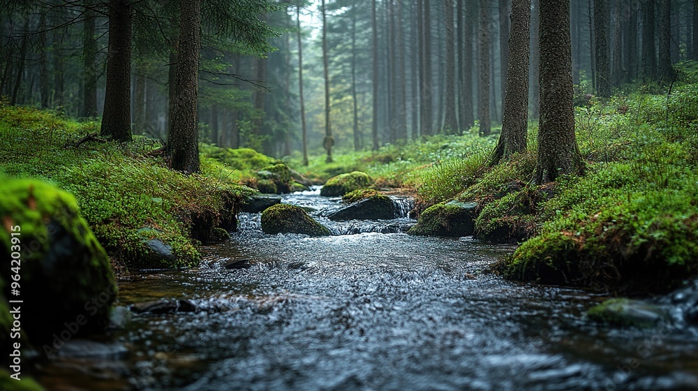 Serene Stream Flowing Through a Misty Forest Serene Stream Flowing Through a Misty Forest
